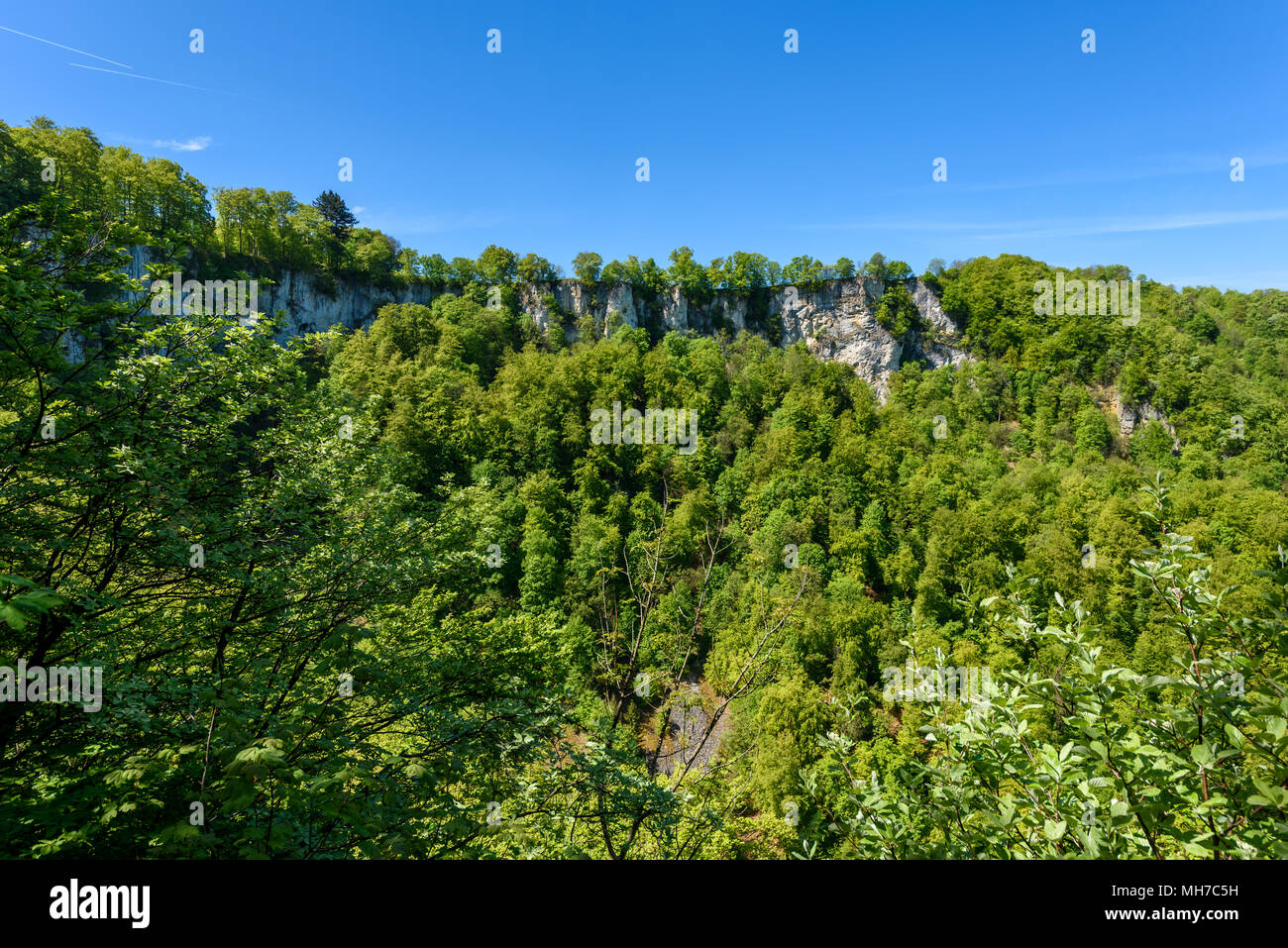 Hiking in beautiful landscape of Bad Urach, Swabian Alb, Baden-Wuerttemberg, Germany, Europe Stock Photo