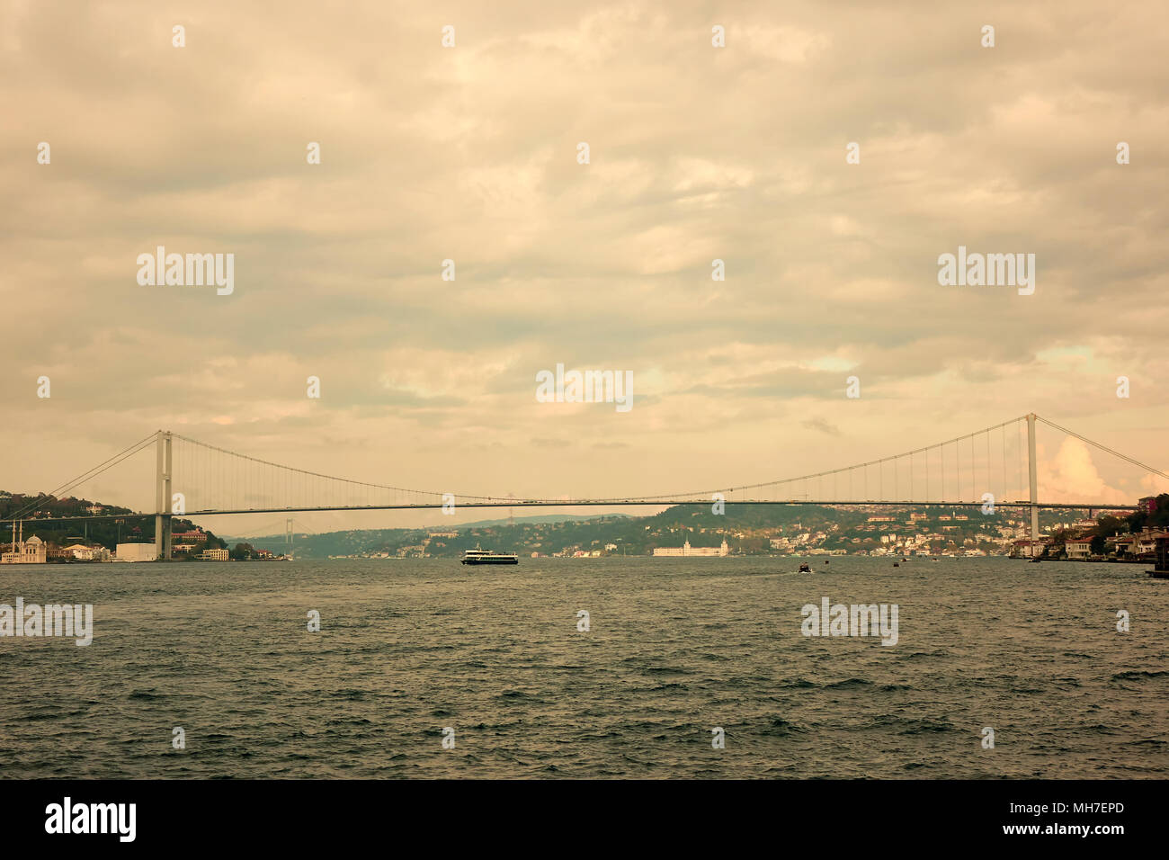 Bosphorus, Rumelian Castle and Fatih Sultan Mehmet Bridge view from, Anatolian side of the Bosporus Stock Photo