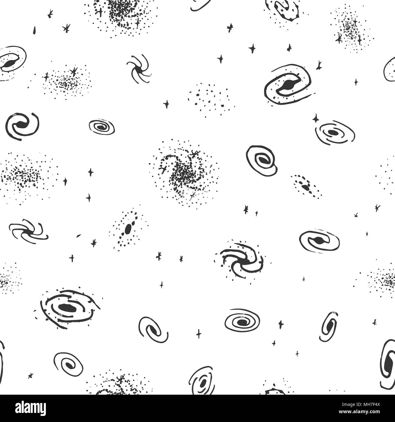 Vector seamless hand drawn galaxy background from spiral, elliptical and irregular nebula. Space backdrop Stock Vector