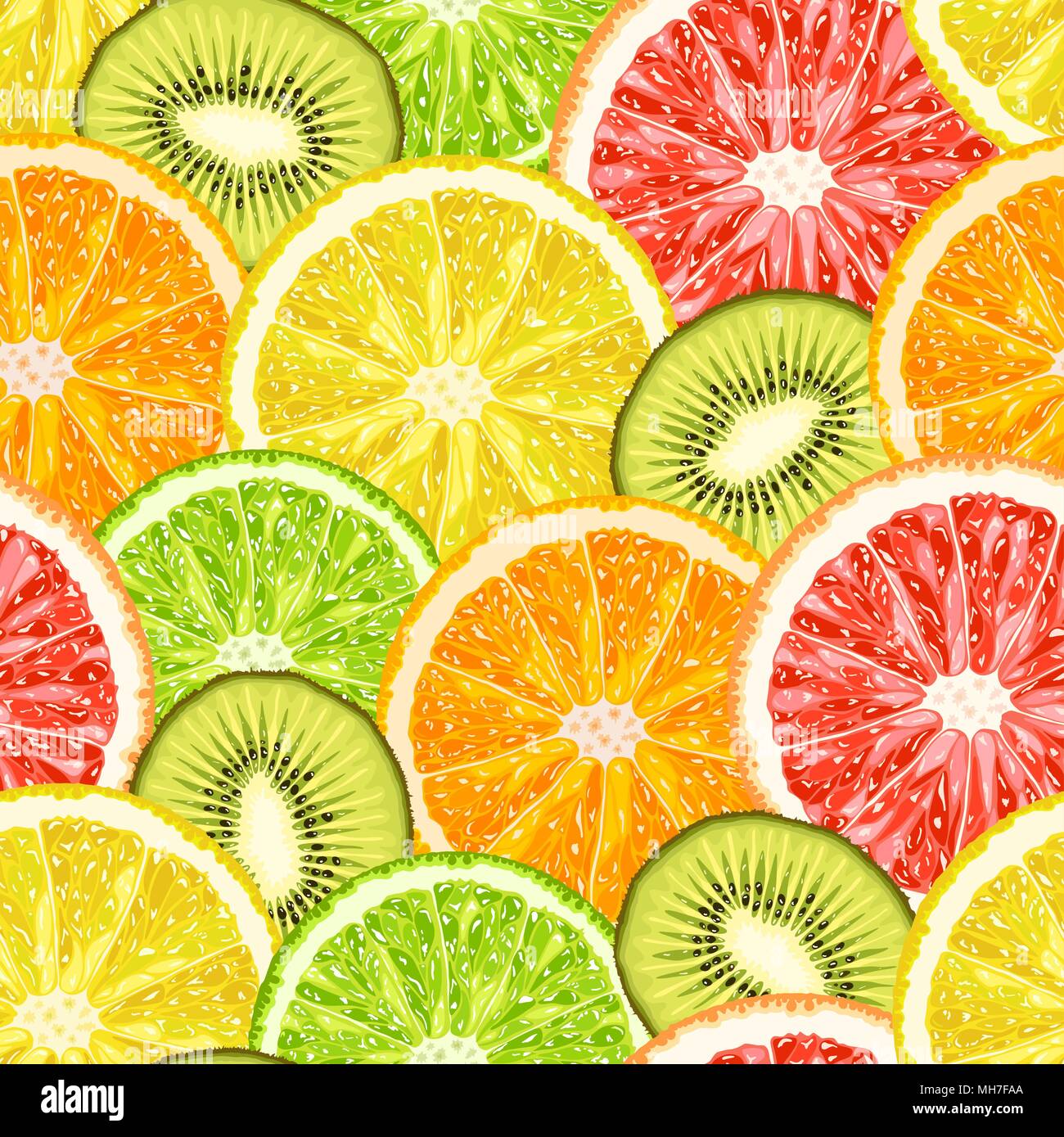 Vector seamless pattern from exotic tropical fruits slices. Lemon, grapefruit, orange, lime and kiwi slices background Stock Vector