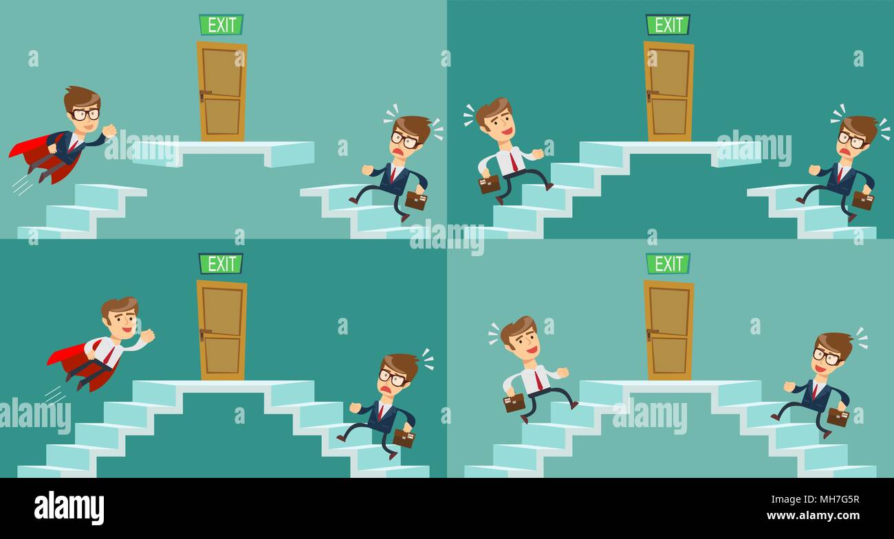 Super businessman in red cape flying pass another businessman climbing stairs. Business competition concept. Stock Vector