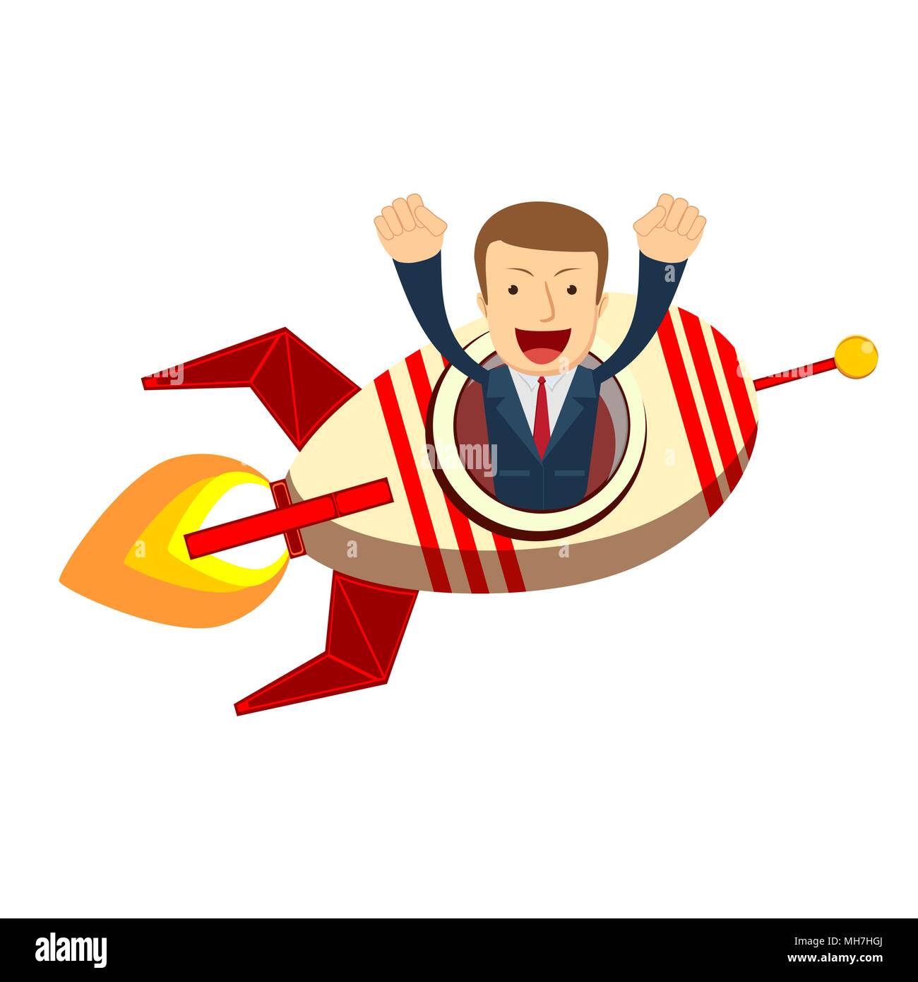 Happy businessman on a rocket ship launch Stock Vector