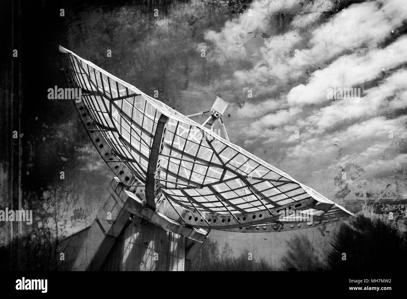 Radiotelescope in grunge style - directional antenna used in radio astronomy to receive and collect data from satellites and space probes Stock Photo