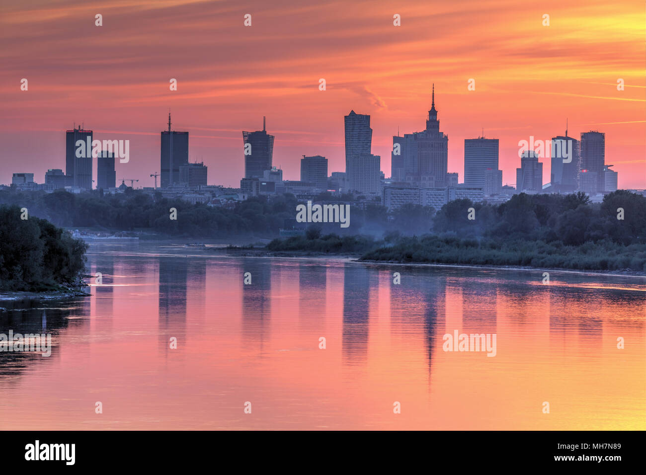 Evening Panorama Of Warsaw Skyline Poland Over Vistula River At Sunset Stock Photo Alamy