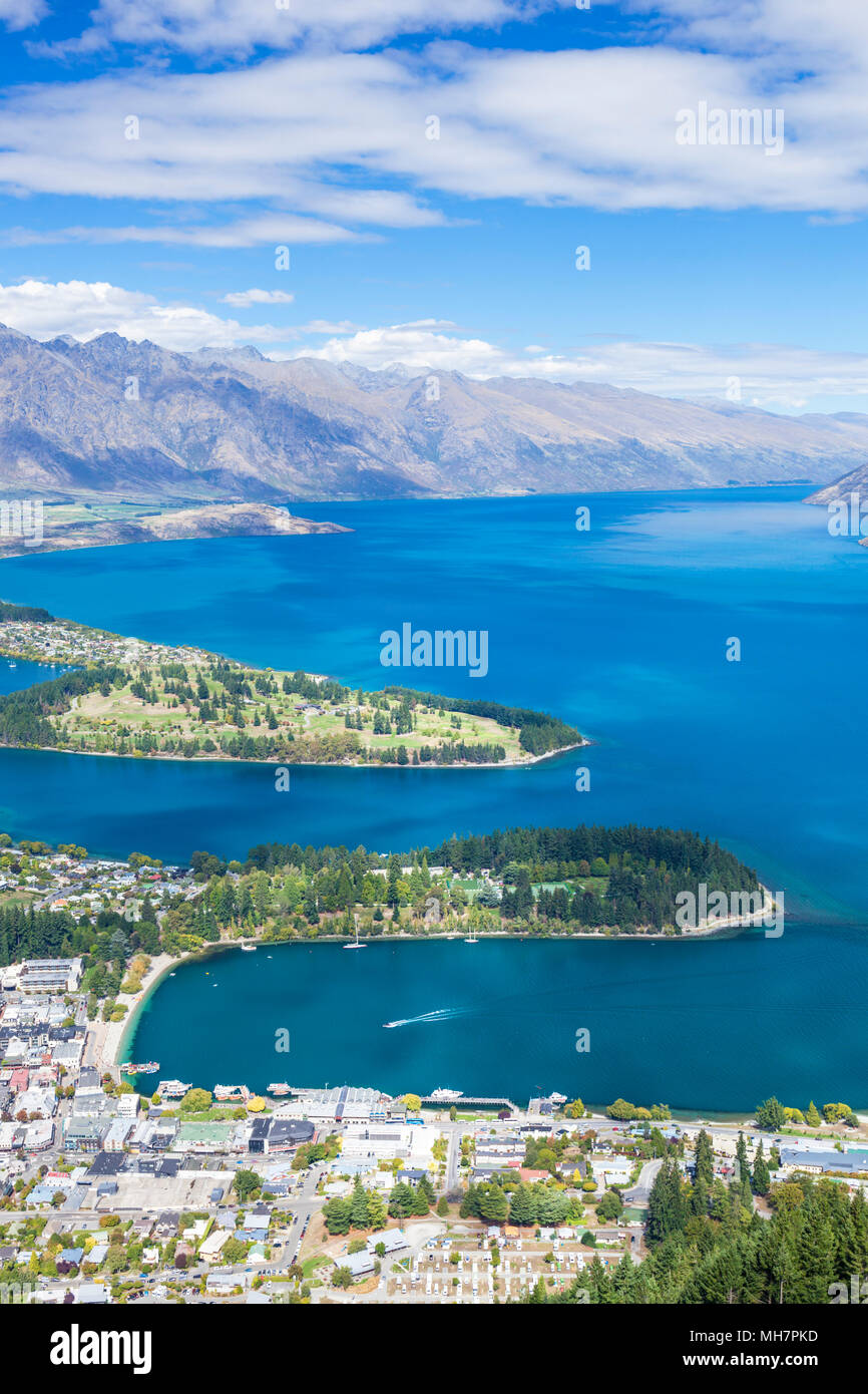 Queenstown South Island new zealand aerial view of downtown queenstown town centre lake wakatipu and the remarkables landscape queenstown new zealand Stock Photo