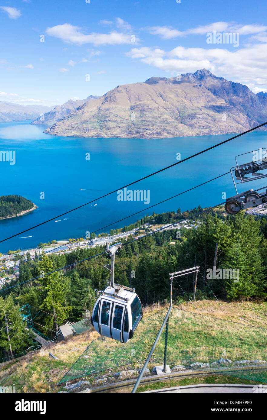 Queenstown South Island new zealand aerial view of  the skyline gondola downtown queenstown town centre lake wakatipu and cecil peak Stock Photo