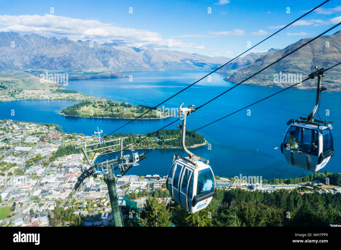 Queenstown South Island new zealand aerial view of  the skyline gondola downtown queenstown town centre lake wakatipu and the remarkables Stock Photo