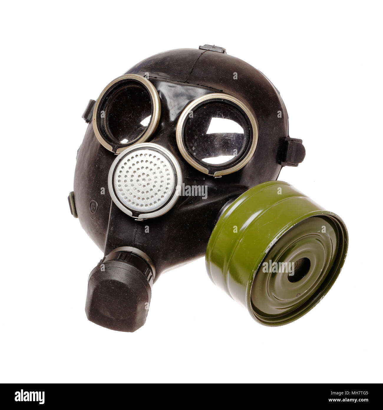 A vintage military gas mask with air filter isolated on white Stock Photo