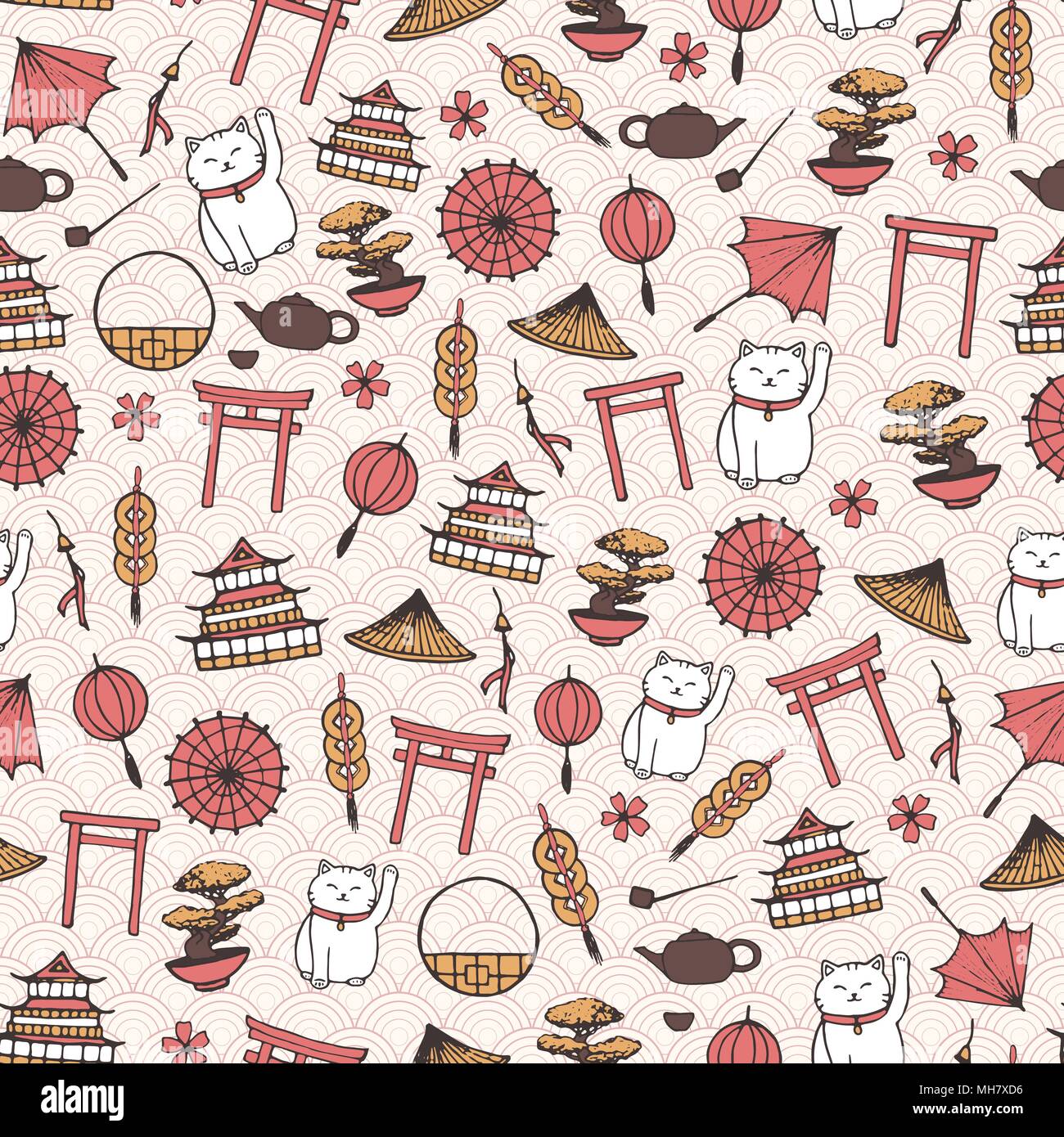 Hand drawn vector asian seamless pattern with umbrellas, japanese lucky cats, coins, lanterns, bonsai and  torii gates on the oriental background with Stock Vector