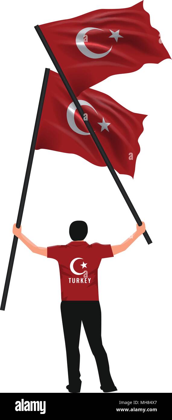 July 15, Democracy and National Unity Day vector drawing. Man holding two Turkish flags on his hand. Stock Vector