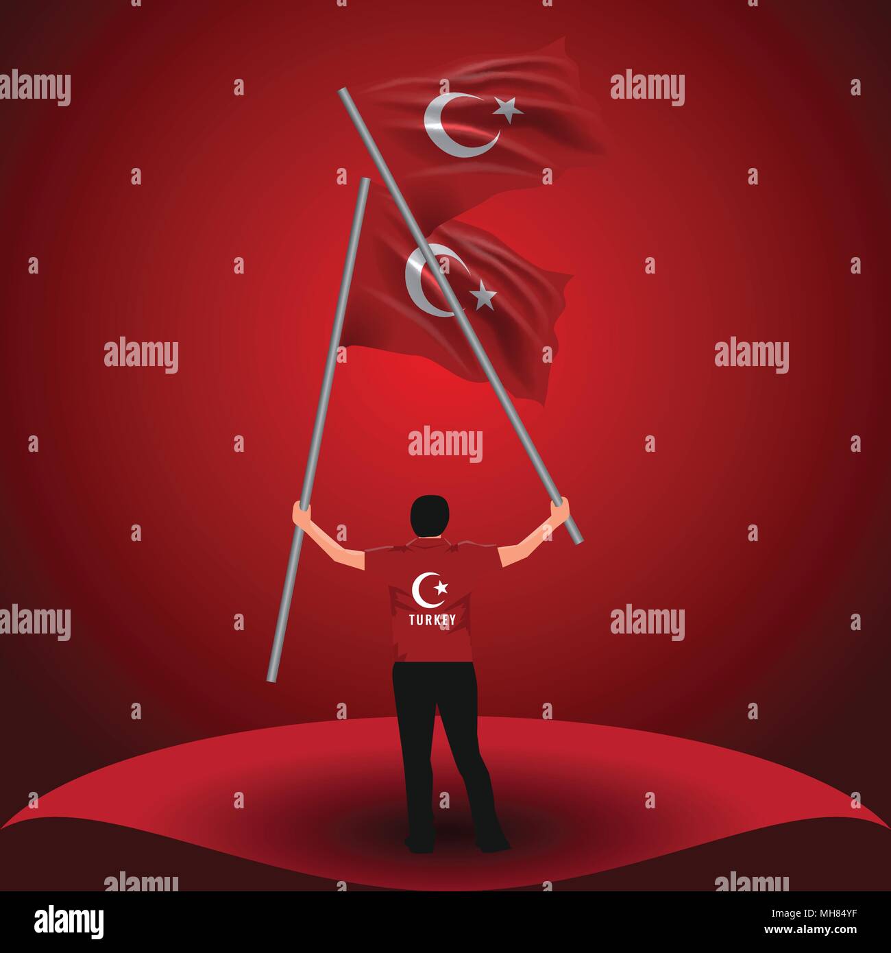 July 15, Democracy and National Unity Day vector drawing. Man holding two Turkish flags on his hand. Stock Vector