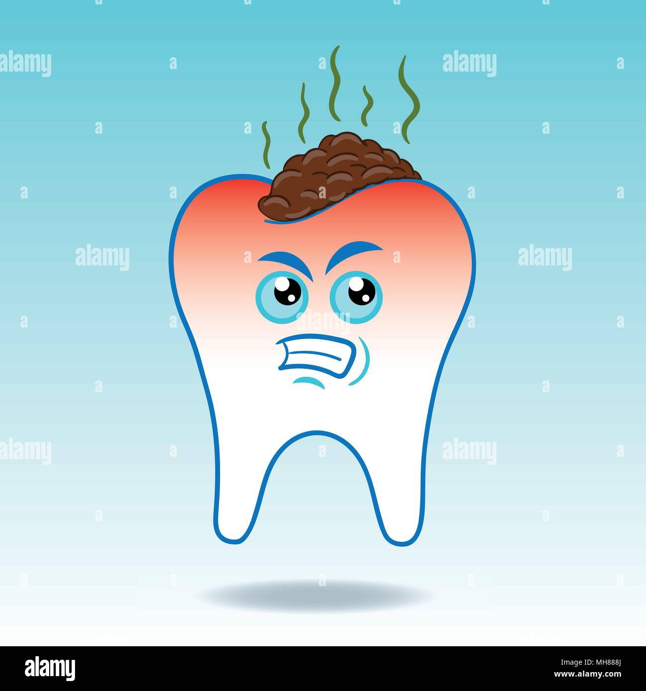 Vector Illustration of angry molar tooth with dirt and food scraps as concept of how much important is to keep teeth cleaned Stock Vector