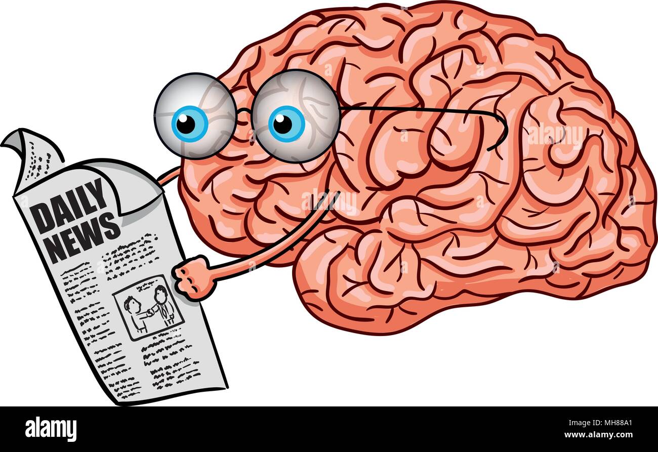 Vector illustration of funny brain reading newspaper. Stock Vector