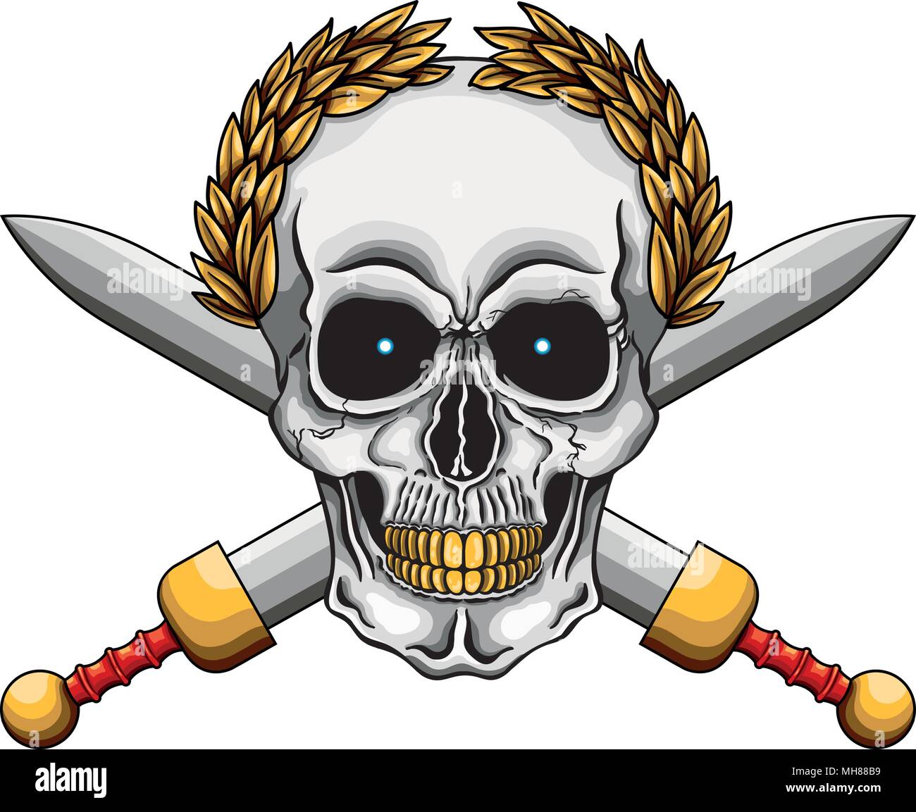 Vector illustration of human skull with golden laurel crown, golden teeth and two roman swords. Stock Vector