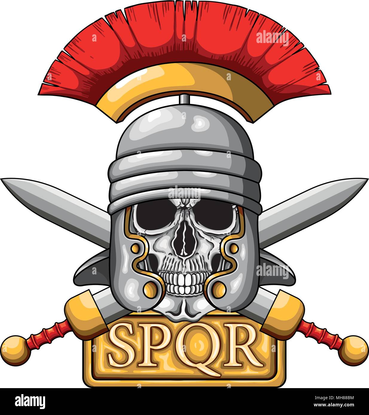 Vector illustration of centurion human skull with Roman helmet and board with word SPQR, the classic roman empire acronym that means 'senatus populusq Stock Vector