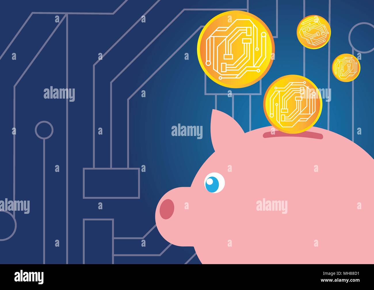Vector illustration of happy piggy bank saving cryptocurrency benefits. Stock Vector