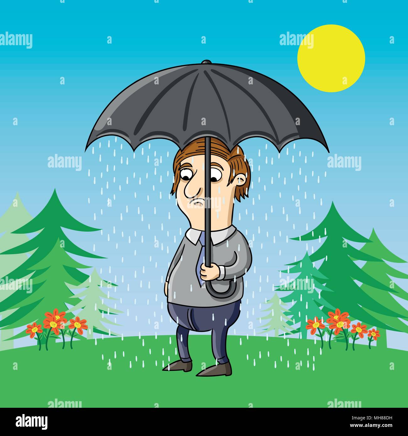 Concept vector illustration of depressed sad man in a sunny day. Stock Vector