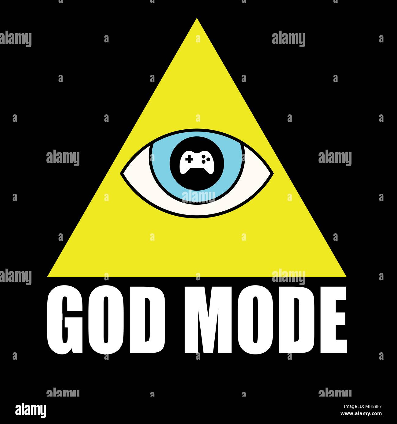 Vector illustration design for T-shirt with pyramid and God mode text. God mode refers to difficulty in videogames. Stock Vector