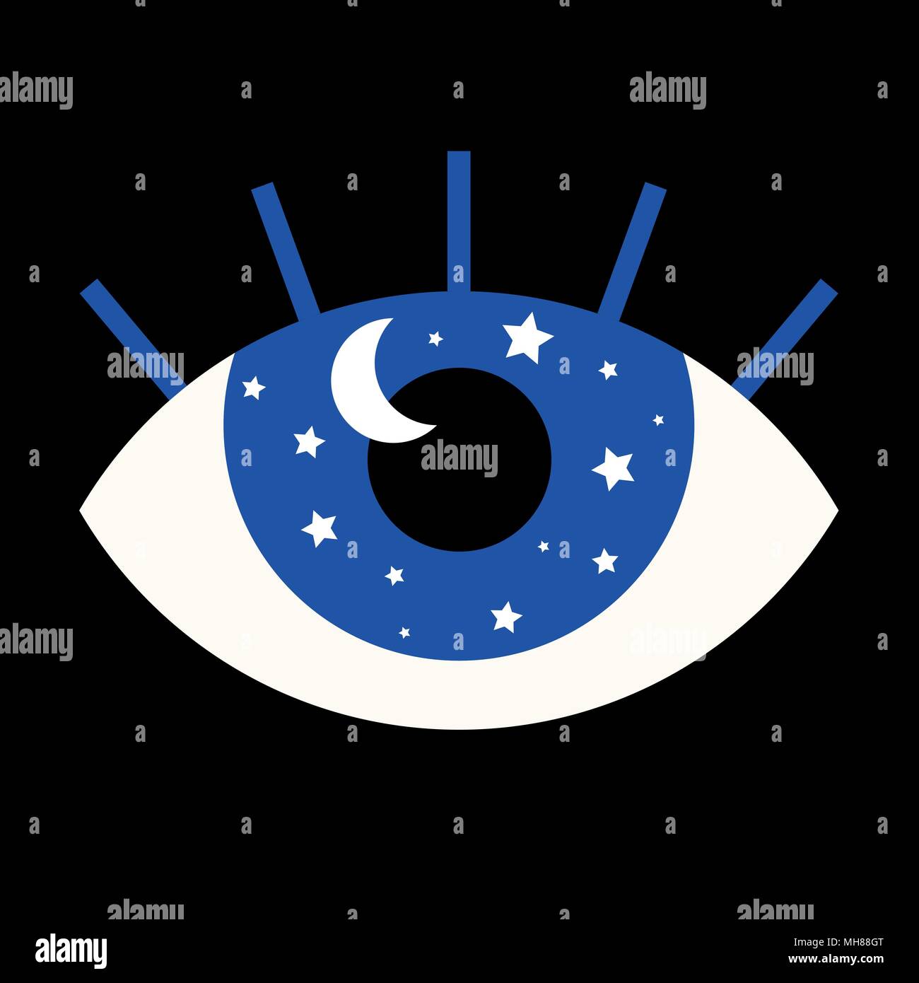 Funny vector illustration of eye with fixed gaze. Inside its pupil there are stars and a moon as a metaphor; eye of the night, the night observes you. Stock Vector