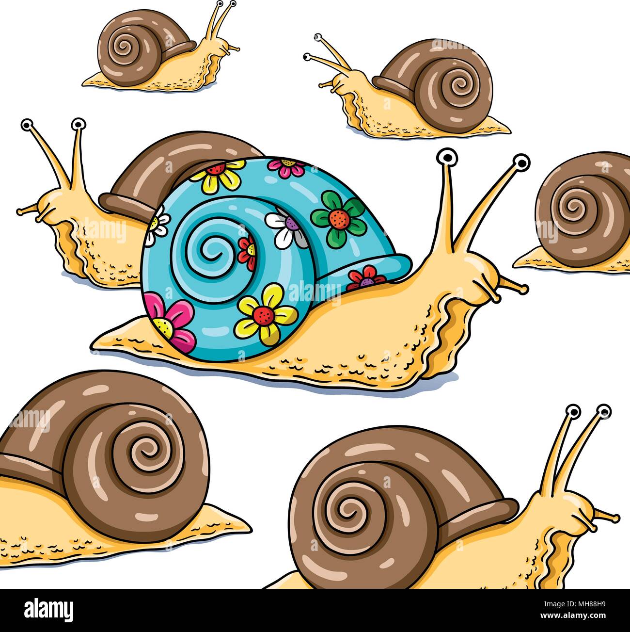 Funny vector illustration of snail with its shell colorfully painted, standing out the crowd. Stock Vector