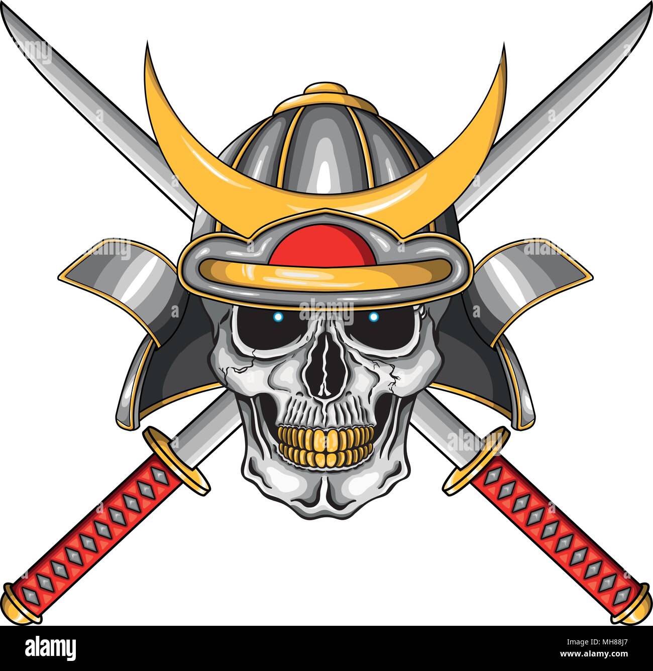 Vector illustration oh human skull with japanese medieval samurai helmet and two katanas (swords). Stock Vector