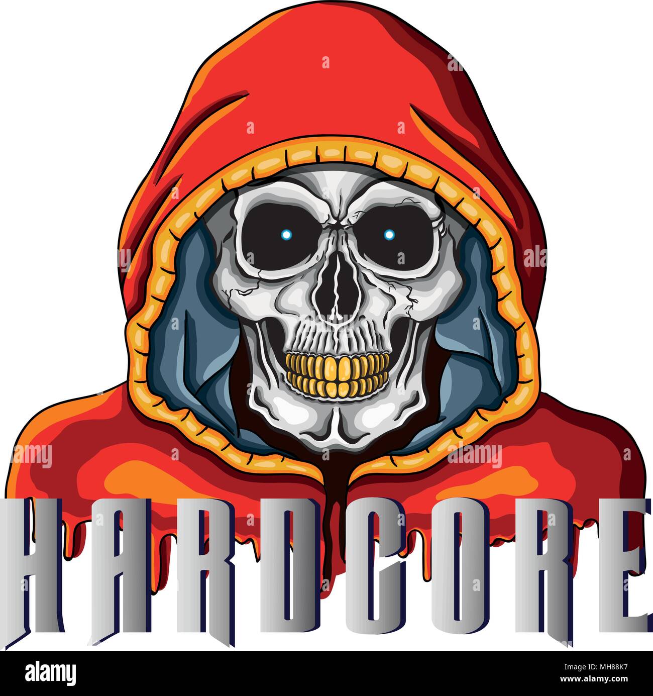Vector illustration of human skull with golden teeth and red hood and word 'Hardcore'. Stock Vector