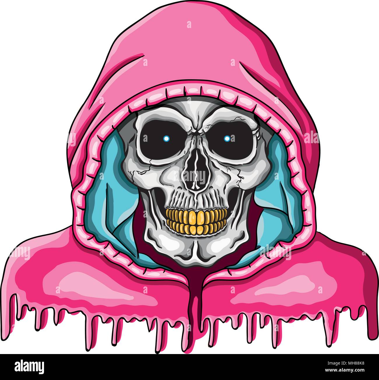 Vector illustration of human skull with golden teeth and pink hood. Stock Vector
