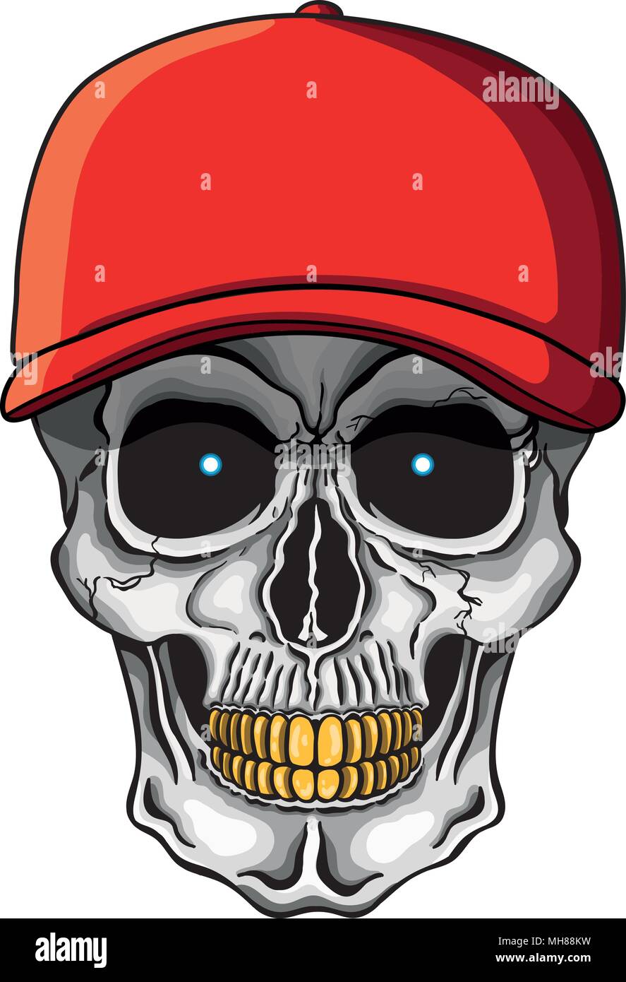 Vector illustration of human skull with golden teeth and baseball cap. Stock Vector