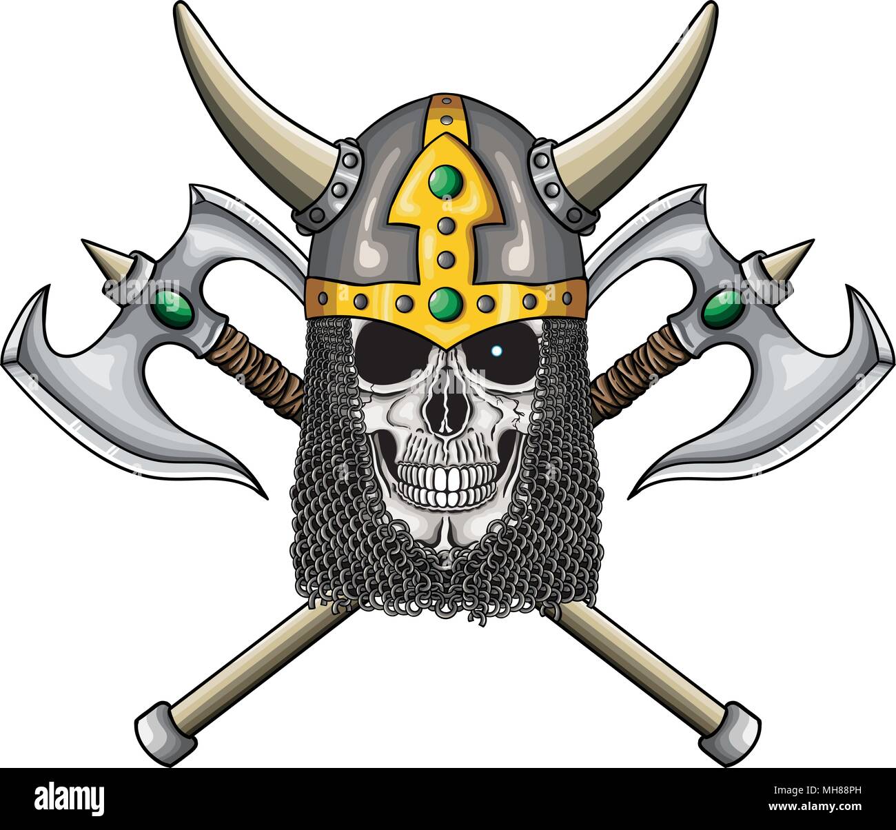 Vector illustration of warrior undead skull  with fantastic medieval helmet and two axes. Stock Vector
