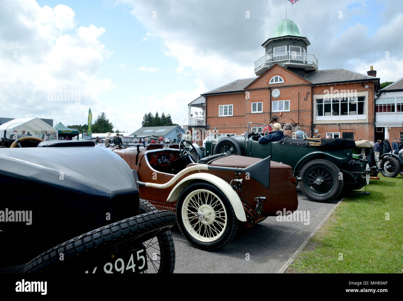 Pre war sports cars outside the Clubhouse at Brooklands race track Stock Photo