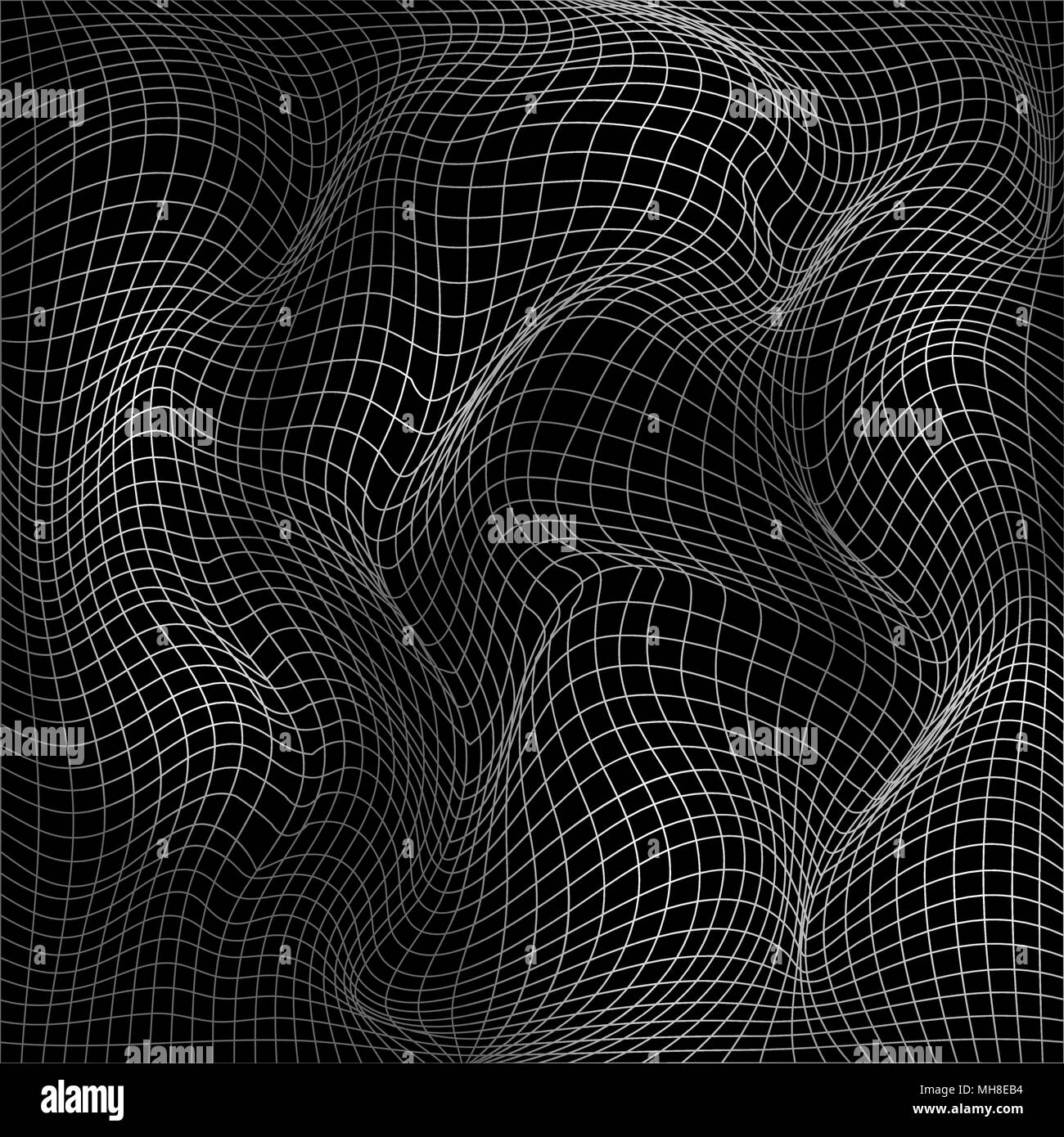 Abstract deformation of net. Wavy motion mesh 3d structure. Vector illustration isolated on dark background Stock Vector
