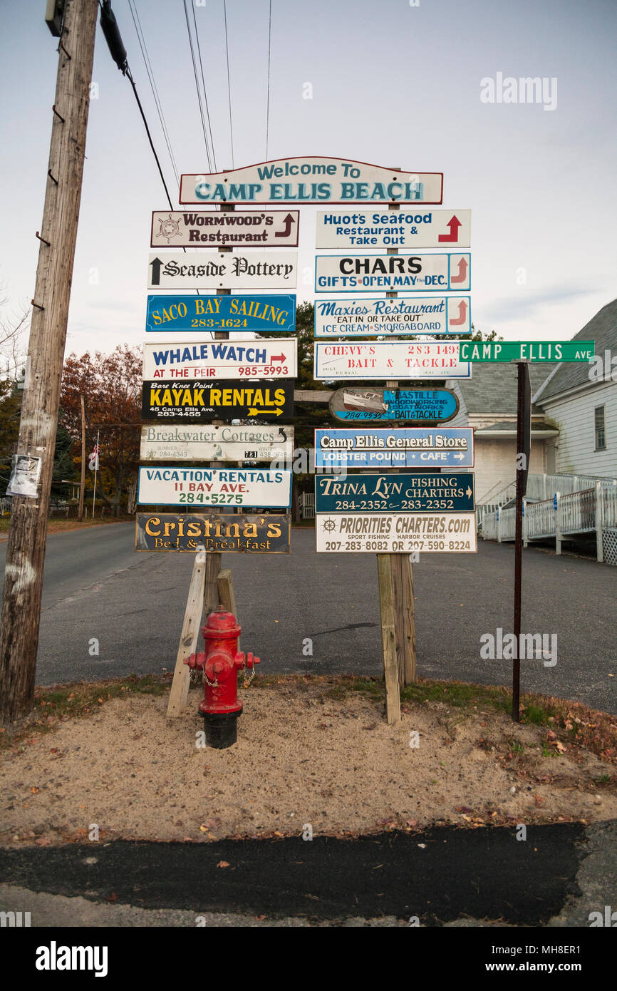Sign boards at Camp Ellis Beach, Maine Stock Photo Alamy