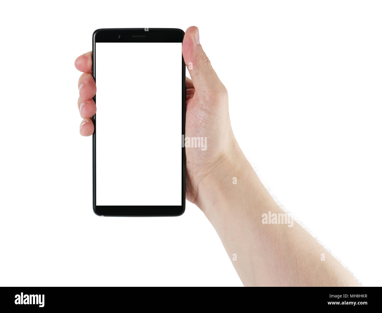 man hand holding smartphone with white screen isolated on white Stock ...