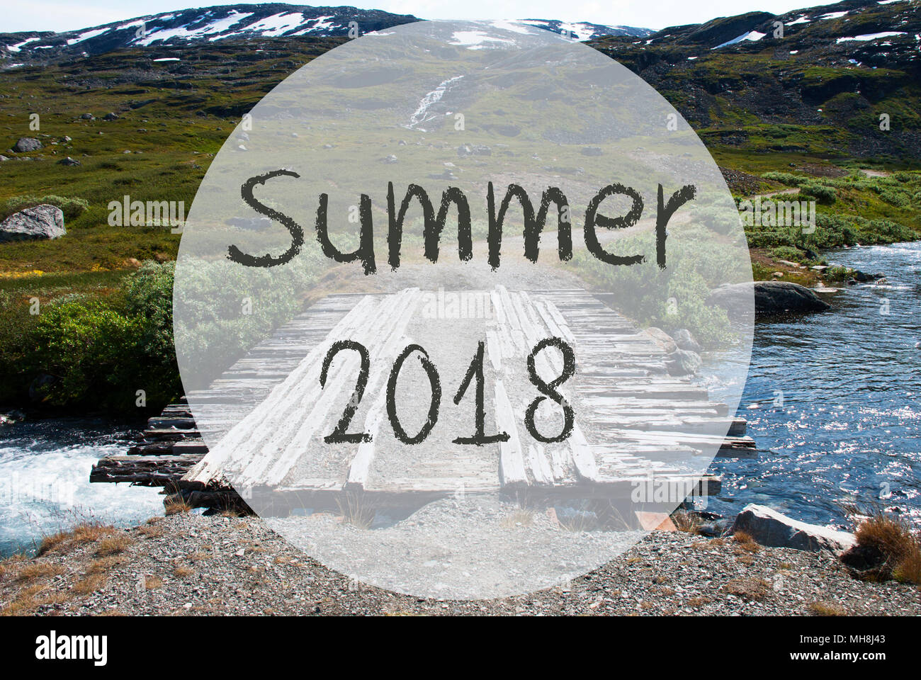 Bridge In Norway Mountains, Text Summer 2018 Stock Photo