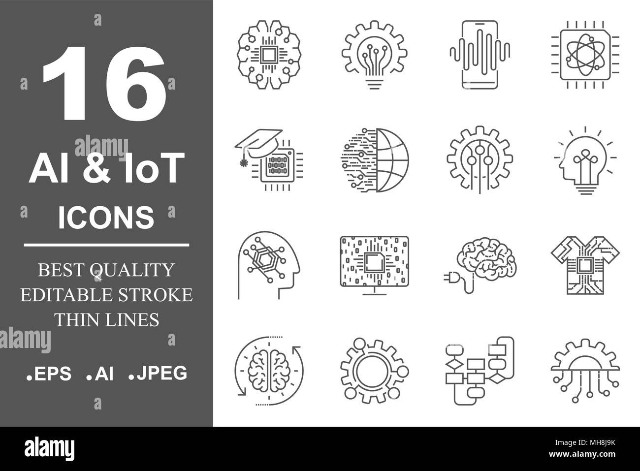 AI and IoT. Artificial intelligence icons set. Editable Stroke. EPS 10 Stock Vector