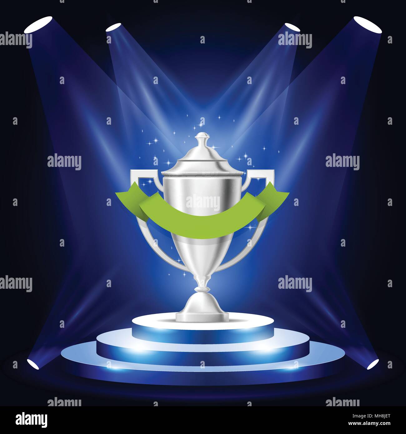 Illuminated sport cup on podium - winner award ceremony stage, prize on podium Stock Vector