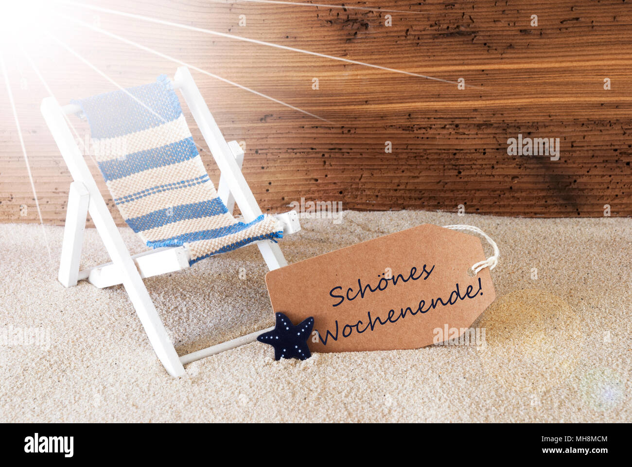 Summer Sunny Label, Schoenes Wochenende Means Happy Weekend Stock Photo