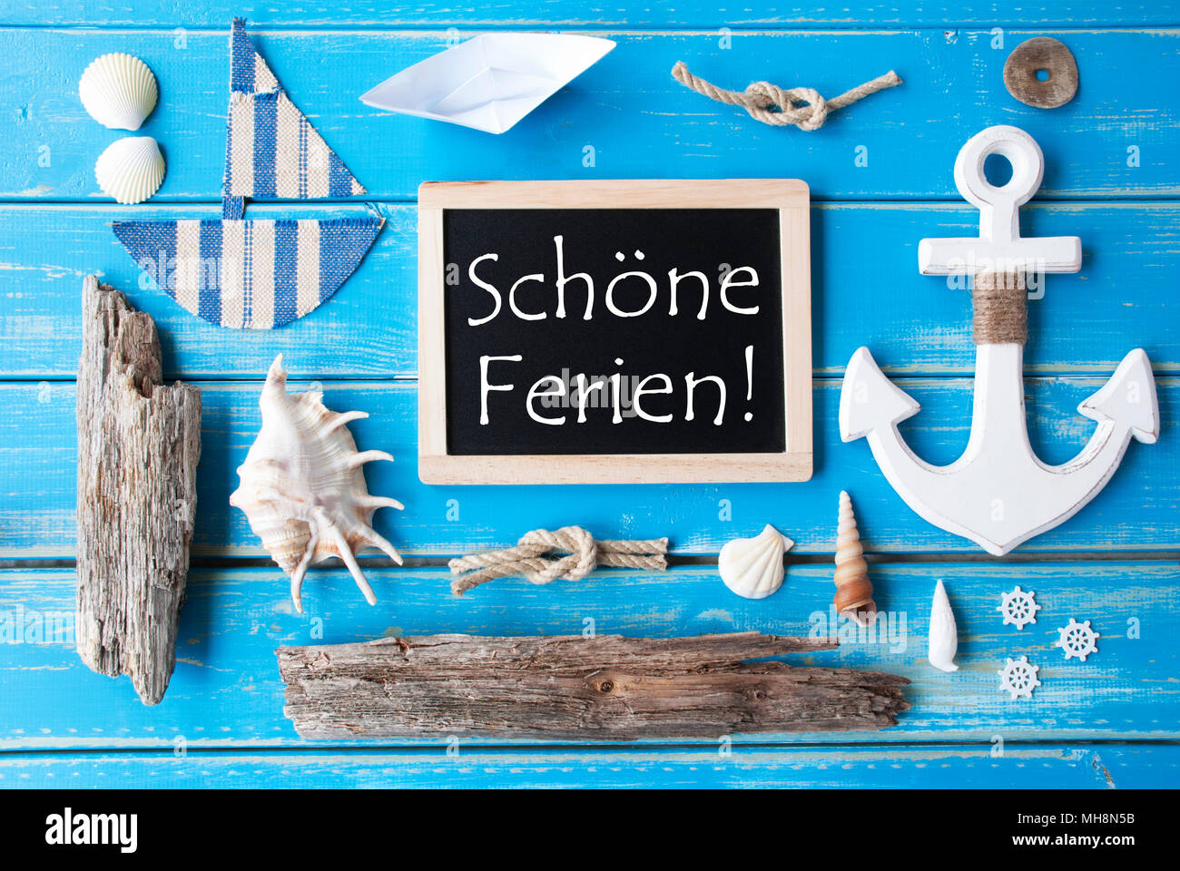 Nautic Chalkboard, Schoene Ferien Means Happy Holidays Stock Photo