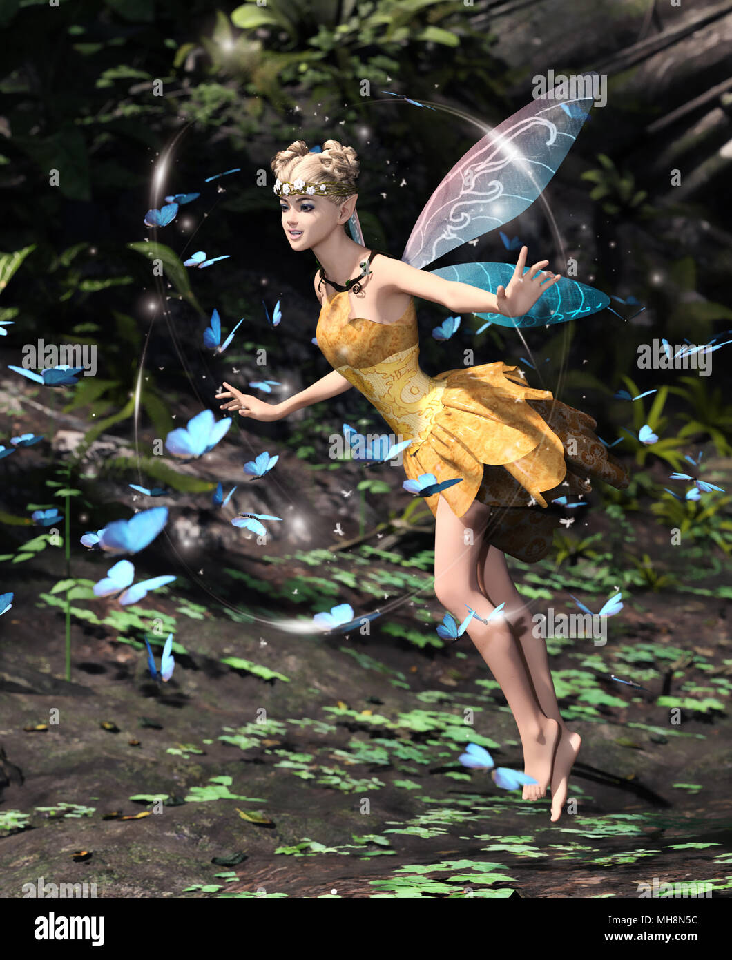 3d rendering of a fairy flying in a magical forest surrounded by flock butterflies Stock Photo