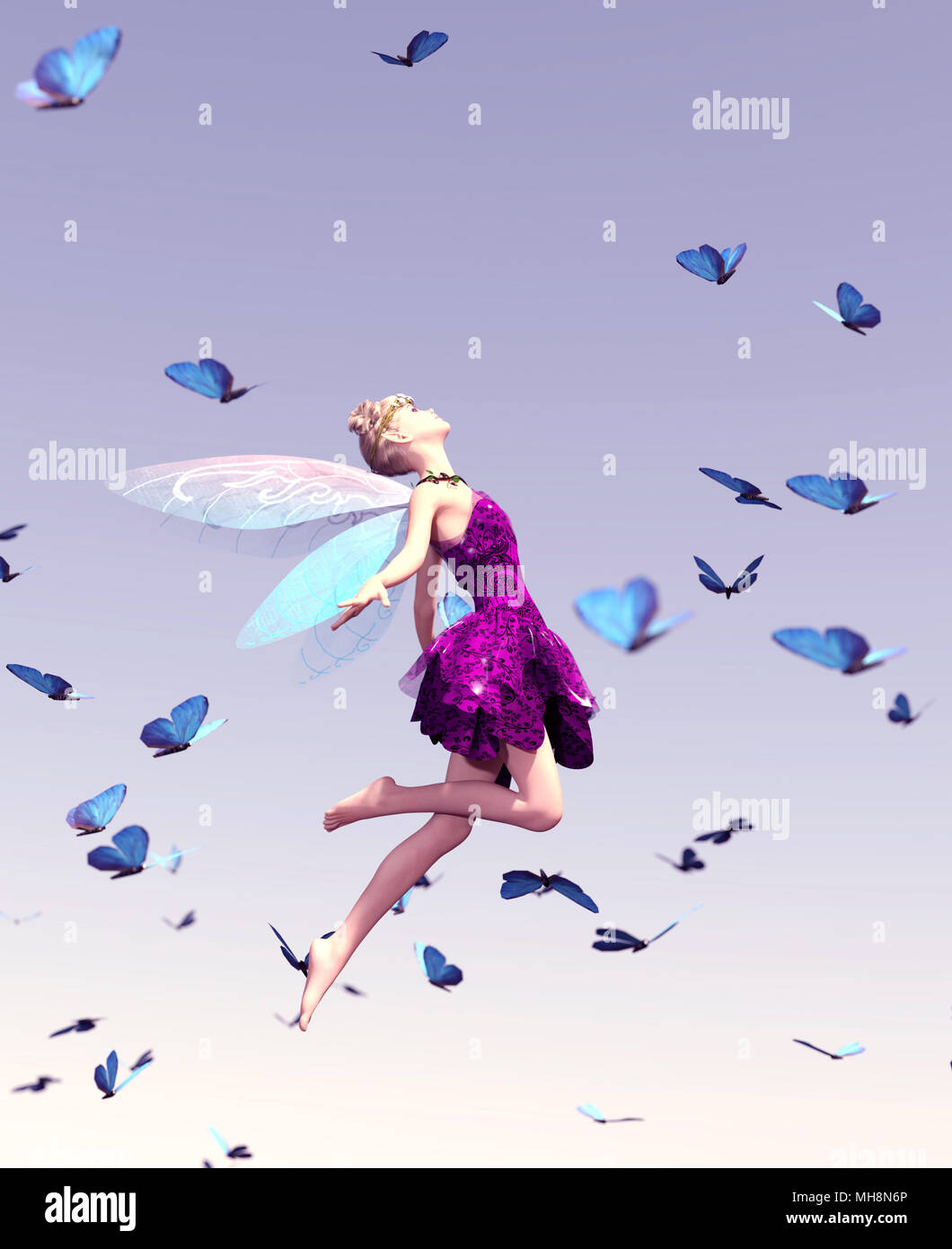 3d rendering of a fairy flying on the sky surrounded by flock butterflies Stock Photo
