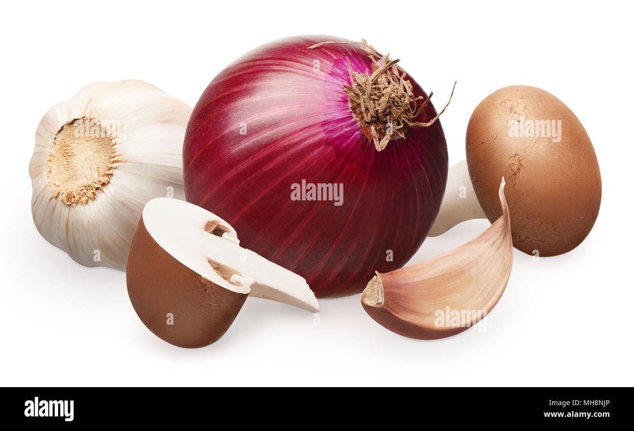Whole fresh royal champignon mushroom with half, unpeeled red onion and ...