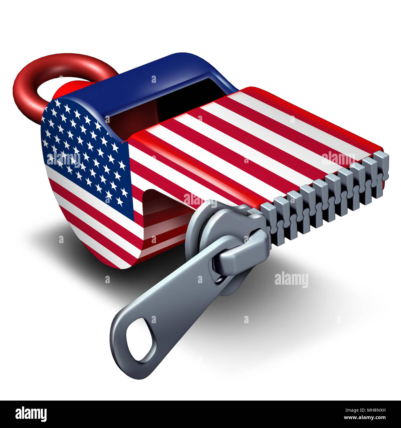 American freedom of the press and civil rights news or reporting restriction concept as a closed whistle with the United States flag. Stock Photo