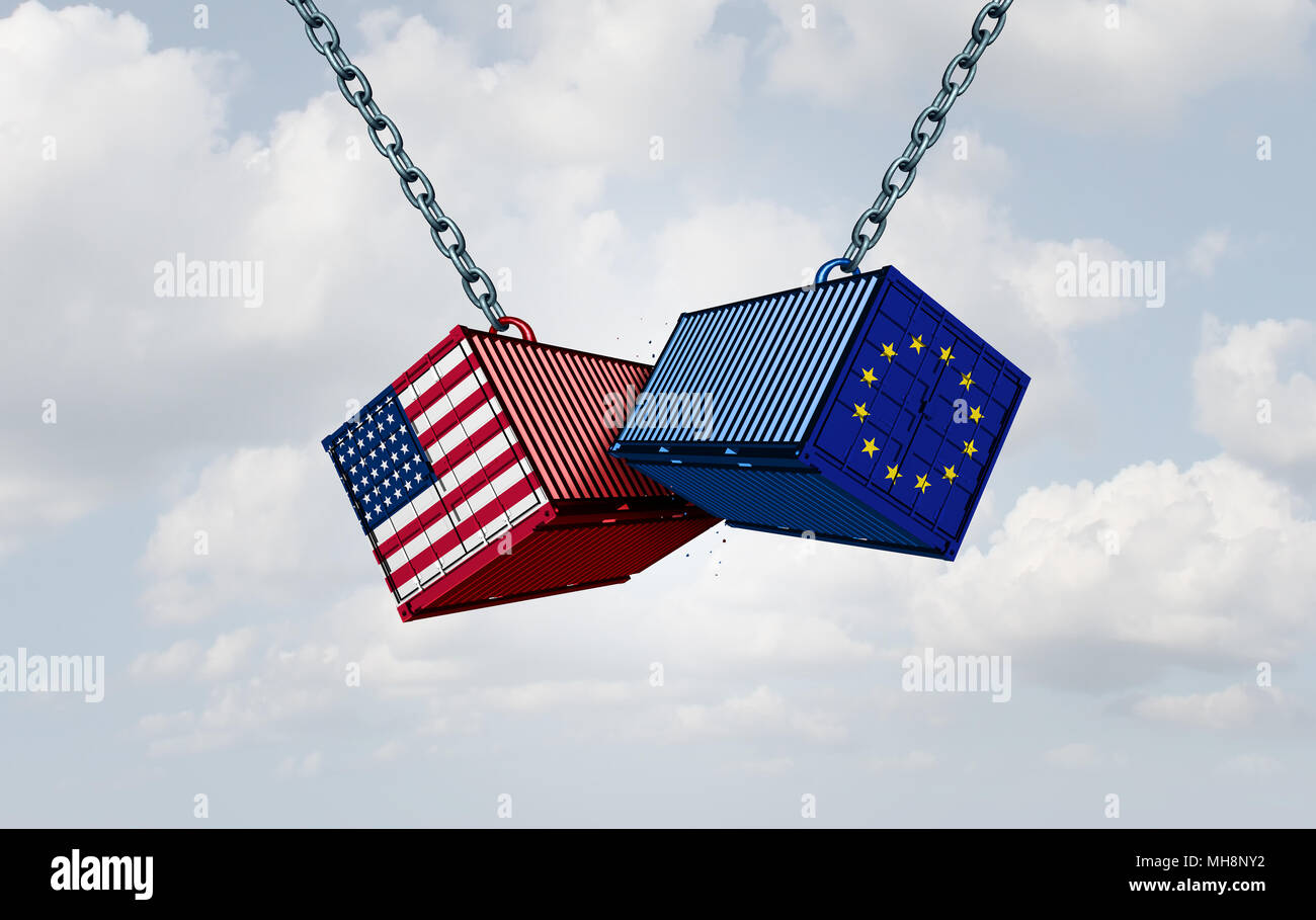 Europe USA trade war and American tariffs as two opposing cargo freight containers in European Union economic conflict as a dispute. Stock Photo