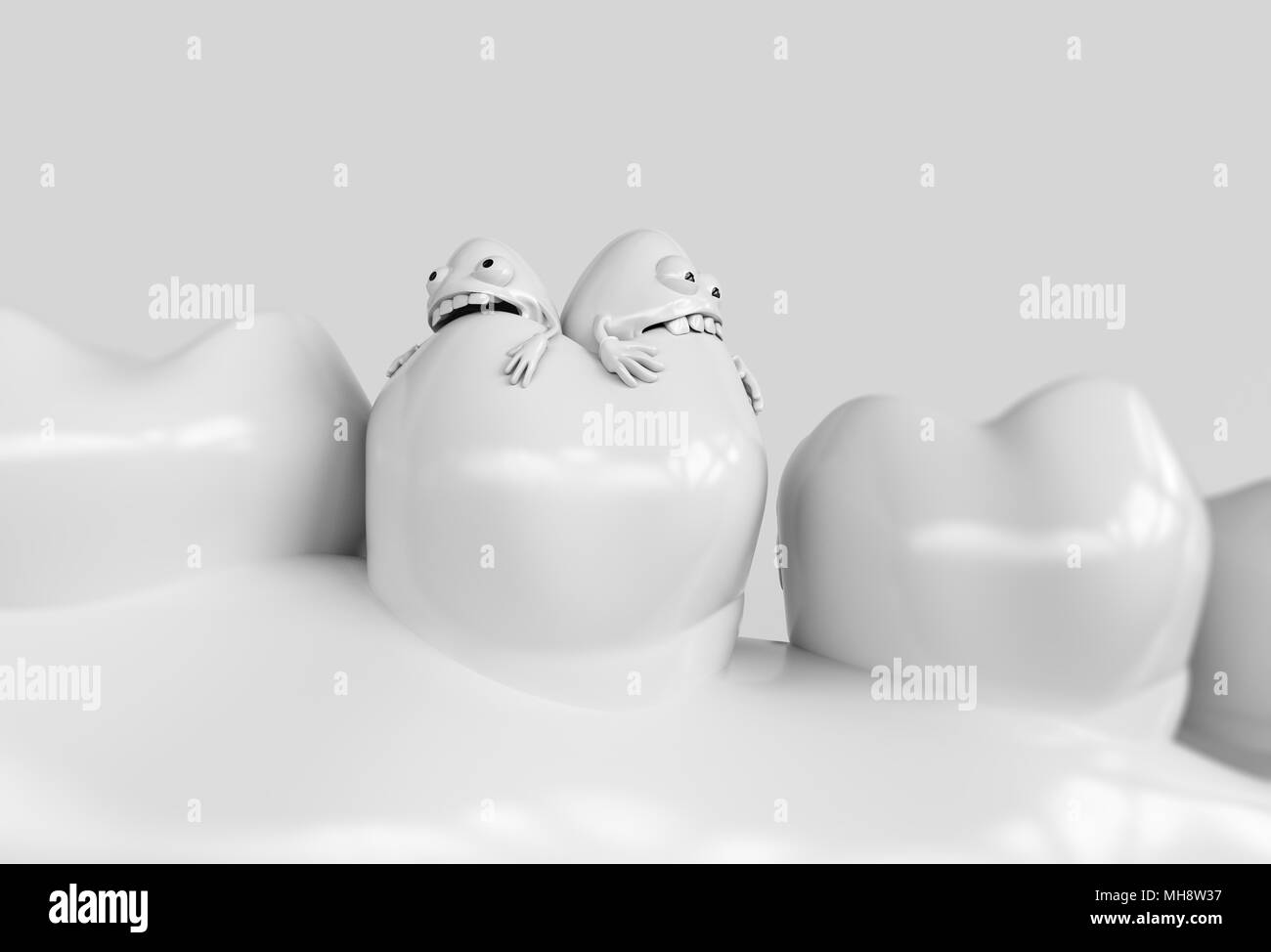 Tooth human cartoon bacteria. Caries bacteria eat the teeth - 3D rendering Stock Photo