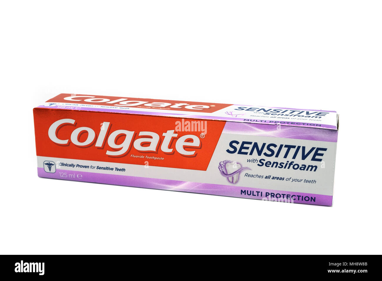 Largs, SCotland, UK - April 25, 2018:                                       A cardboard Box Containing Colgate Sensitive Toothpaste in Cardboard Recyc Stock Photo