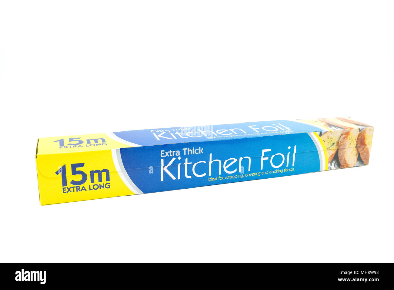 Largs, SCotland, UK - April 25, 2018:                                       Box of Kitchen Foil in Recyclable cardboard Box in agreement with UK Gover Stock Photo