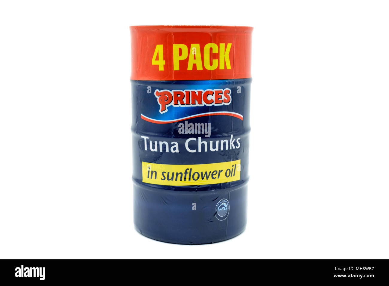 Largs, SCotland, UK - April 25, 2018:                                       Four pack Tin of Tuna Chunks with the tin containers being recyclable in a Stock Photo