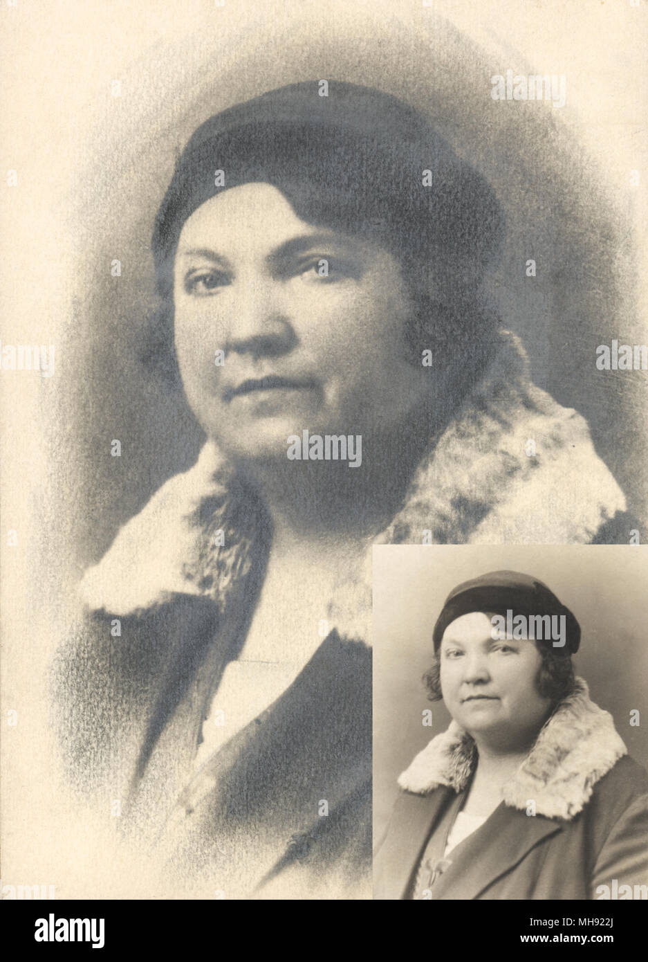 Portrait of the adult woman before and after retouching of this photographer, 1920-1930, Russia, USSR Stock Photo