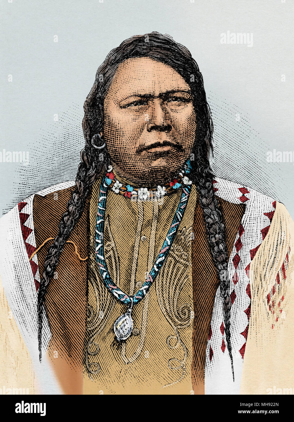 Ute chief Ouray who quelled the uprising against whites in 1879. Digitally colored woodcut Stock Photo