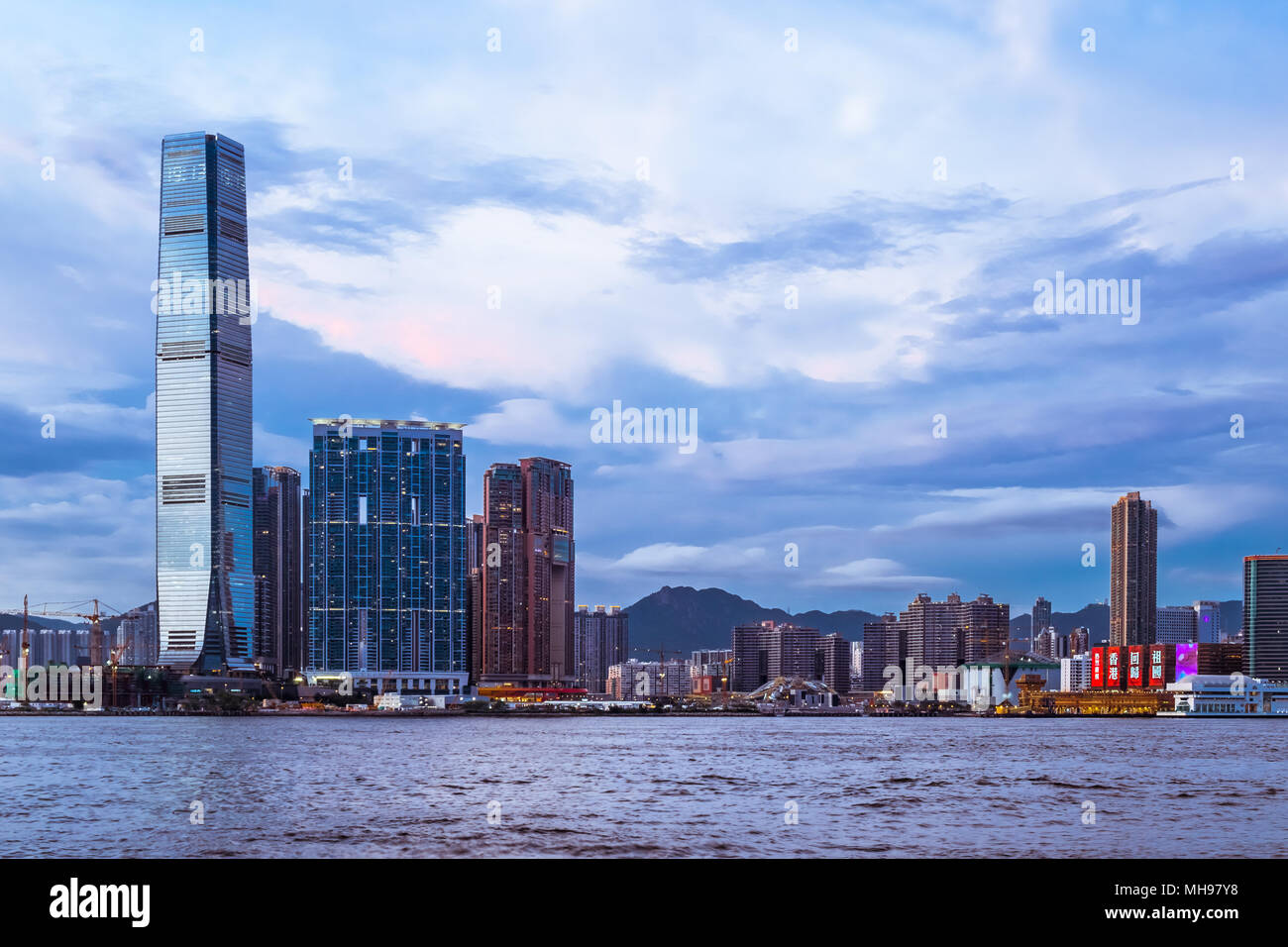 Hong Kong skyline at sunset time. View from Hong Kong Island to Kowloon